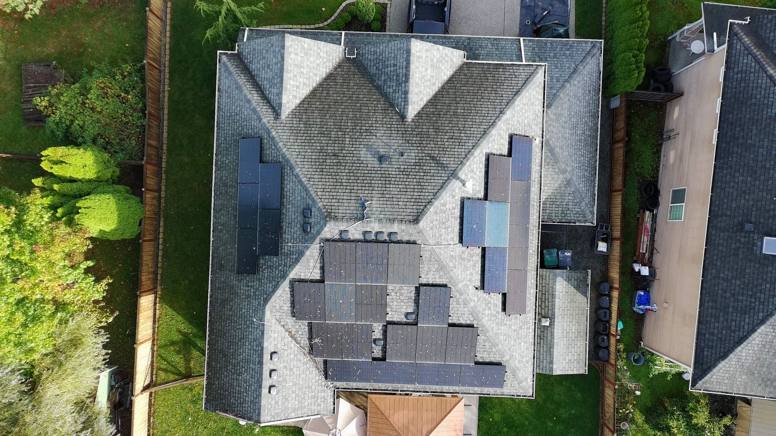 Completed shingle roof viewed from above